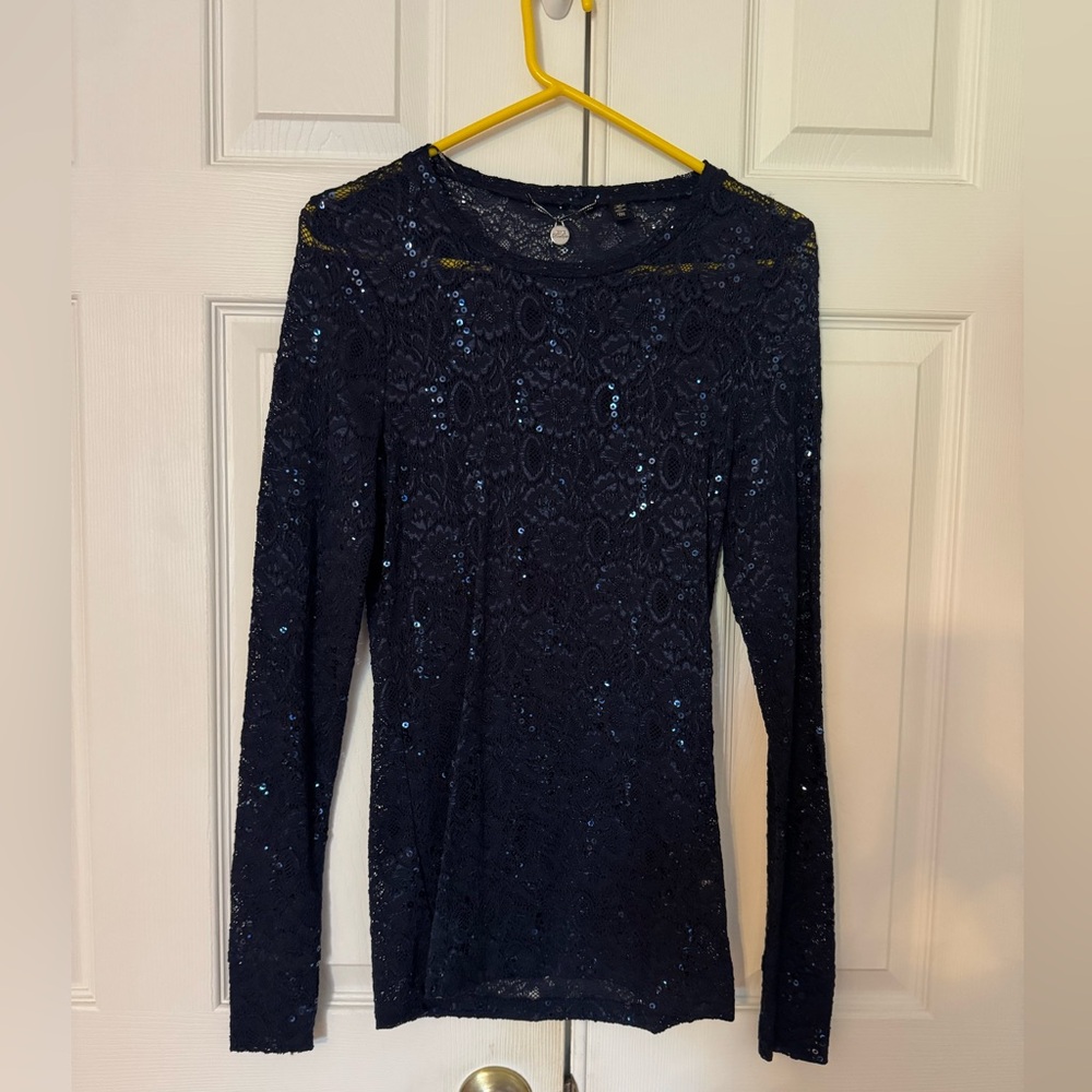 BKE Silver Blue Sequin Fitted Long Sleeve Top